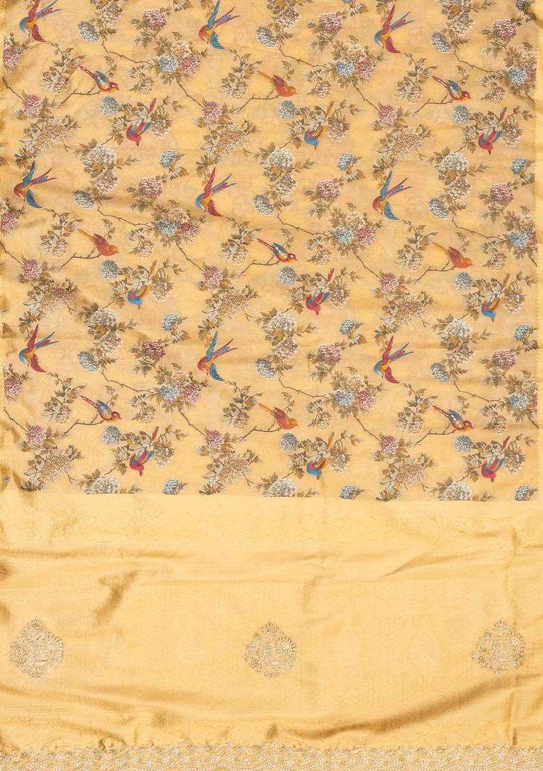 Sandal Handloom Silk Saree With Meena Bird Motifs Hand Embroidered Border For Women - Indya