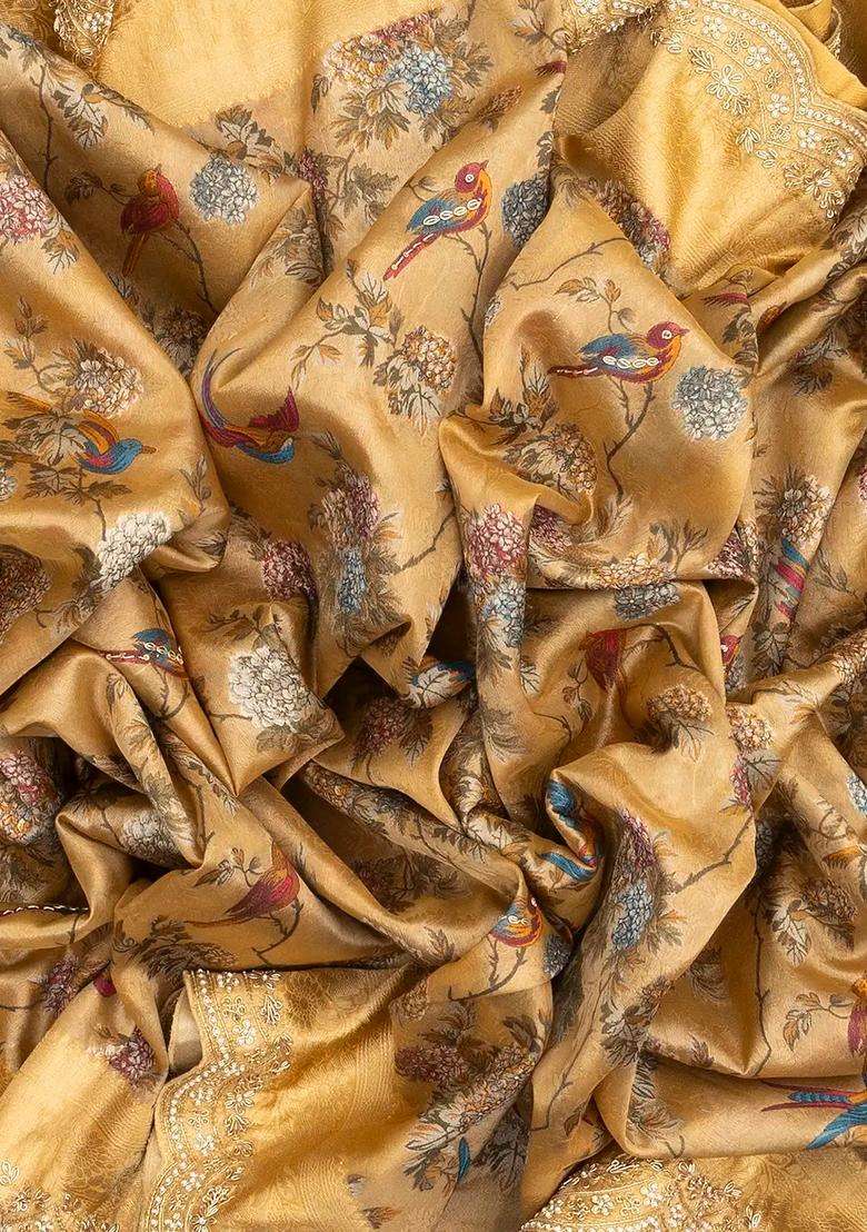 Sandal Handloom Silk Saree With Meena Bird Motifs Hand Embroidered Border For Women - Indya
