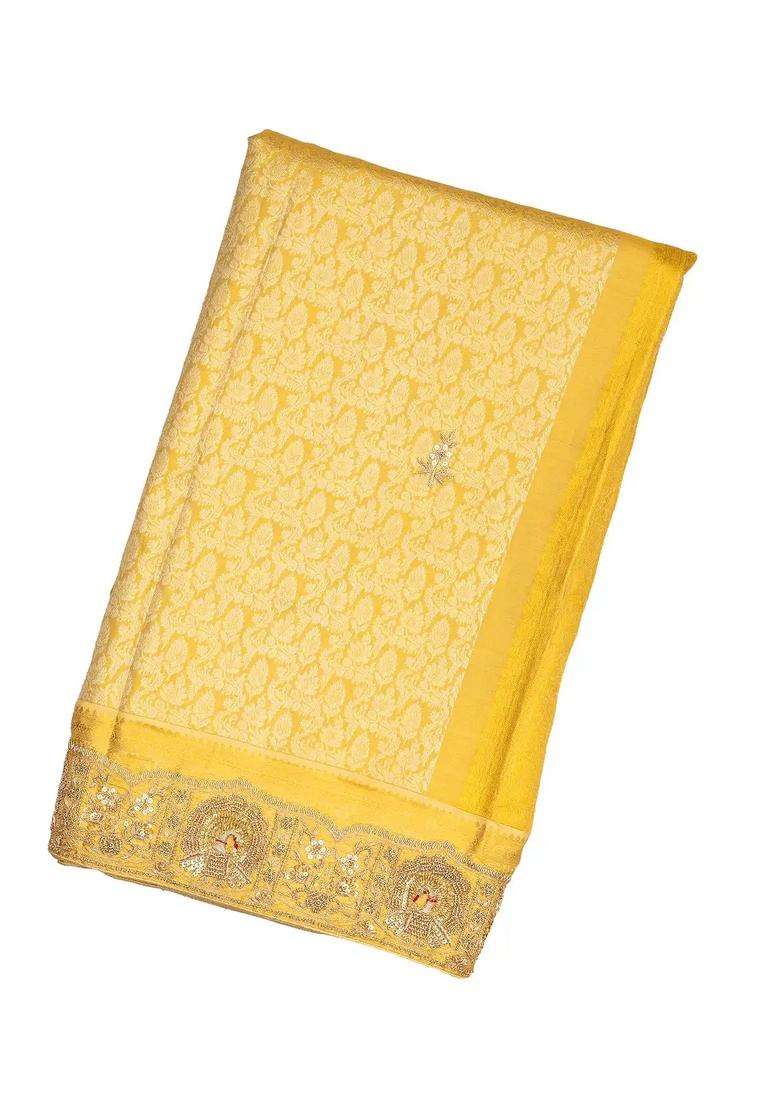 Mustard Handloom Silk Saree With Floral Motifs Hand Embroidered Motifs For Women - Indya