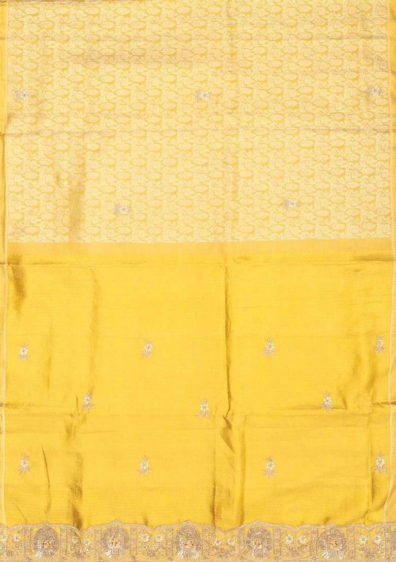 Mustard Handloom Silk Saree With Floral Motifs Hand Embroidered Motifs For Women - Indya