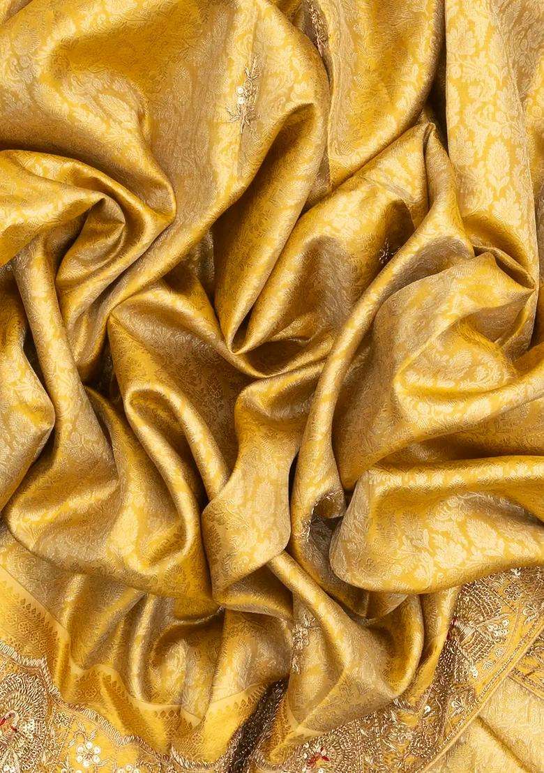 Mustard Handloom Silk Saree With Floral Motifs Hand Embroidered Motifs For Women - Indya