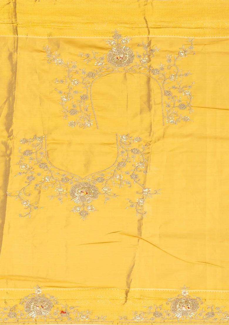 Mustard Handloom Silk Saree With Floral Motifs Hand Embroidered Motifs For Women - Indya