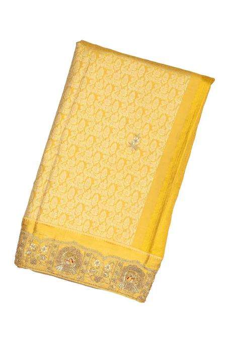 Mustard Handloom Silk Saree With Floral Motifs Hand Embroidered Motifs For Women