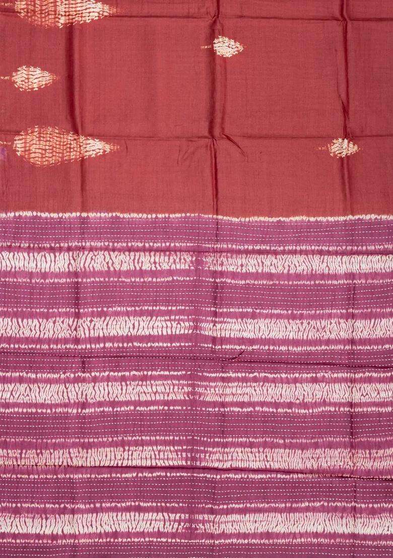 Chestnut Pink Handloom Tussar Silk Saree With Printed Floral Motifs For Women - Indya