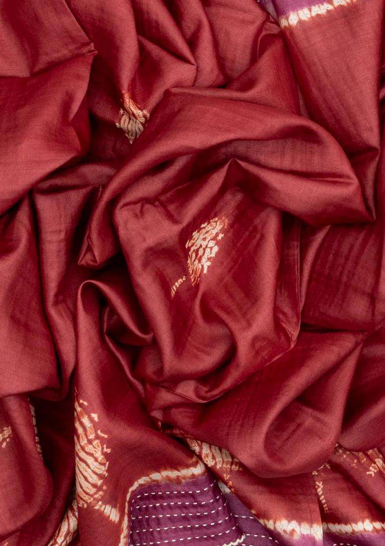 Chestnut Pink Handloom Tussar Silk Saree With Printed Floral Motifs For Women - Indya