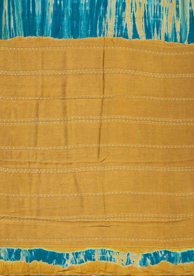 Blue Handloom Tussar Silk Saree With Printed Tie Dye Motifs For Women - Indya