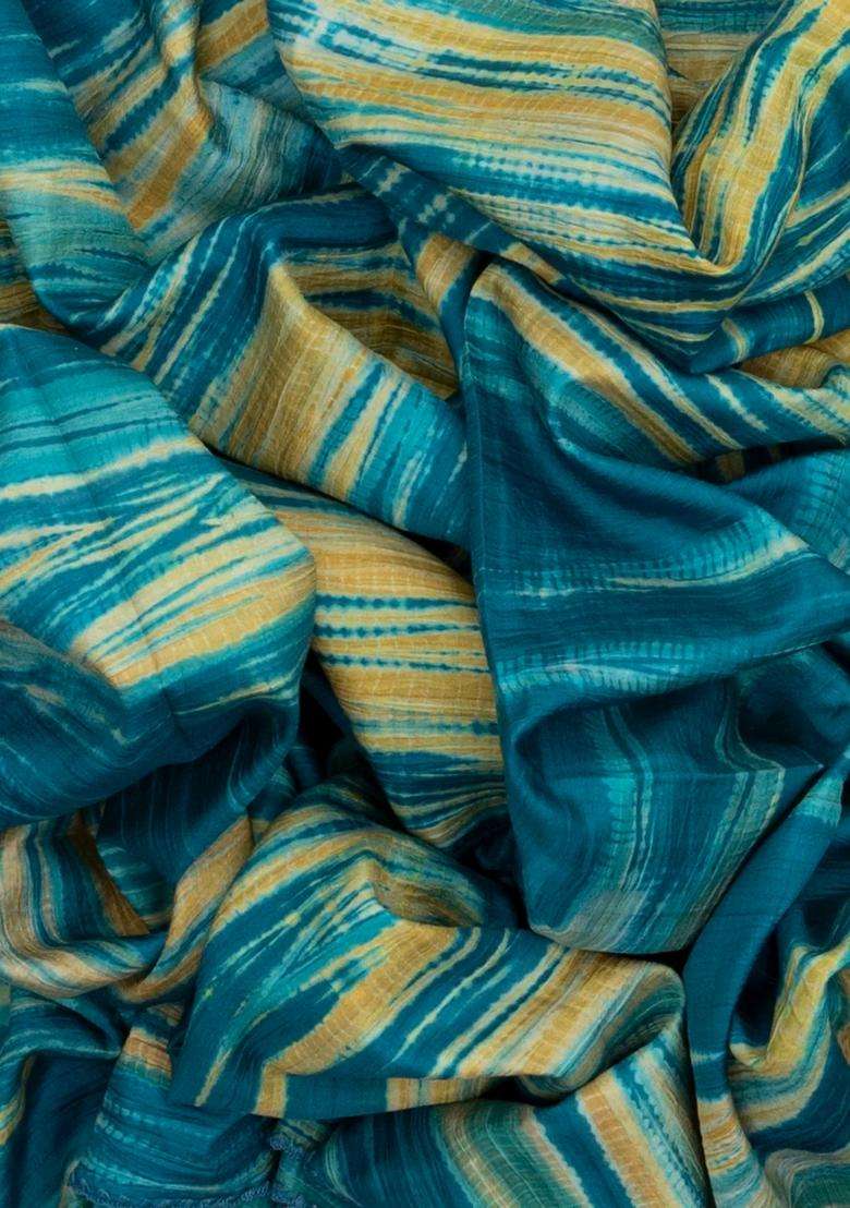 Blue Handloom Tussar Silk Saree With Printed Tie Dye Motifs For Women - Indya