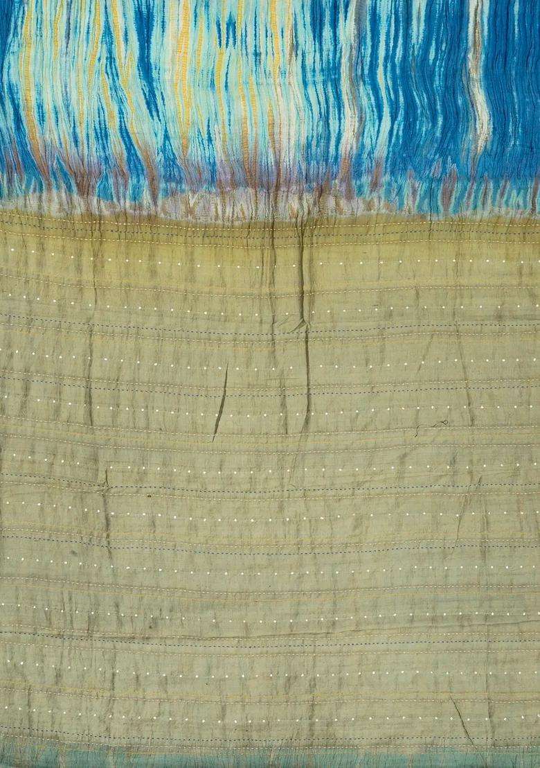 Blue Handloom Tussar Silk Saree With Printed Tie Dye Motifs For Women - Indya