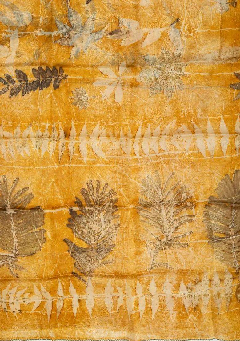 Yellow Handloom Tussar Silk Saree With Eco Printed Motifs For Women - Indya