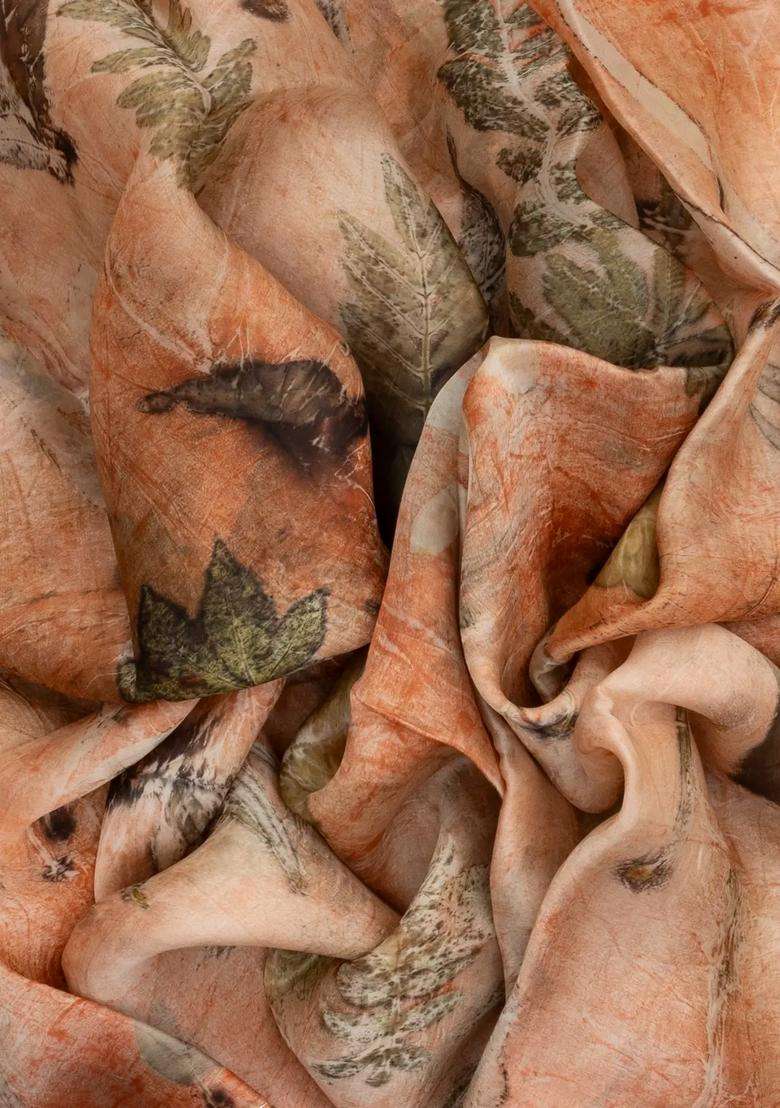 Peach Handloom Tussar Silk Saree With Eco Printed Motifs For Women - Indya