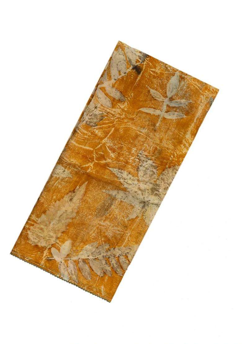 Mustard Handloom Tussar Silk Saree With Eco Printed Motifs For Women - Indya