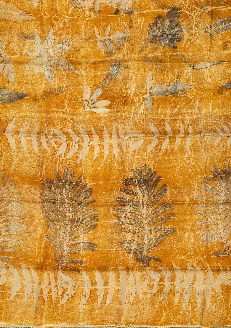 Mustard Handloom Tussar Silk Saree With Eco Printed Motifs For Women - Indya