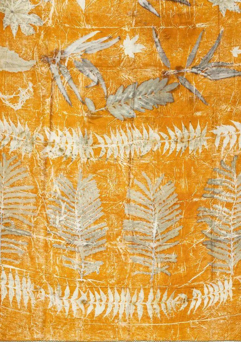 Mustard Handloom Tussar Silk Saree With Eco Printed Motifs For Women - Indya