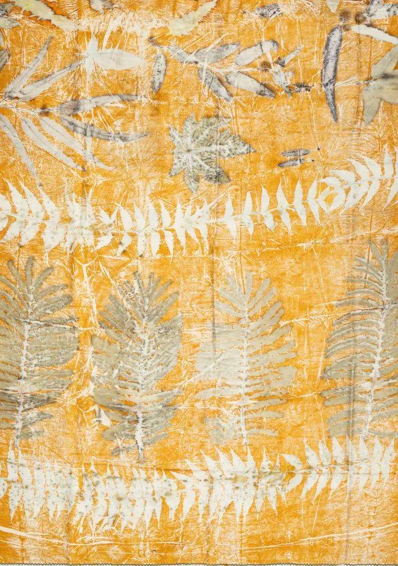Yellow Handloom Tussar Silk Saree With Eco Printed Motifs For Women - Indya