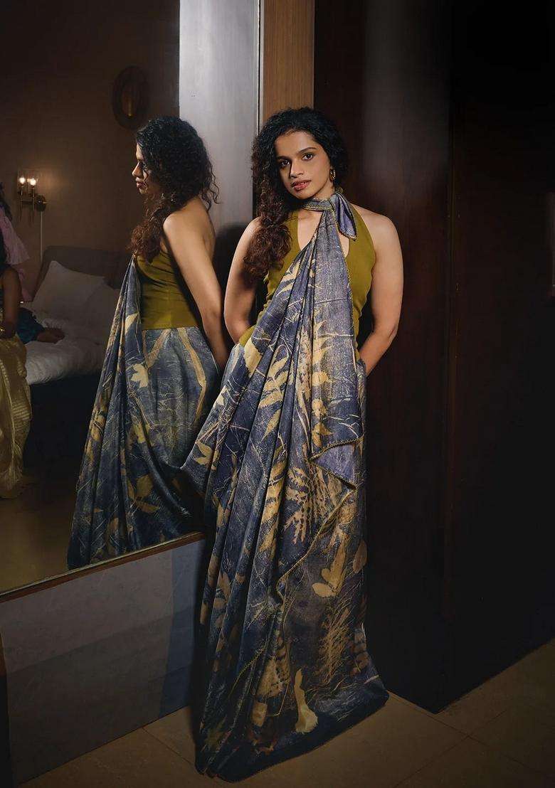 Grey Handloom Tussar Silk Saree With Eco Printed Motifs For Women - Indya