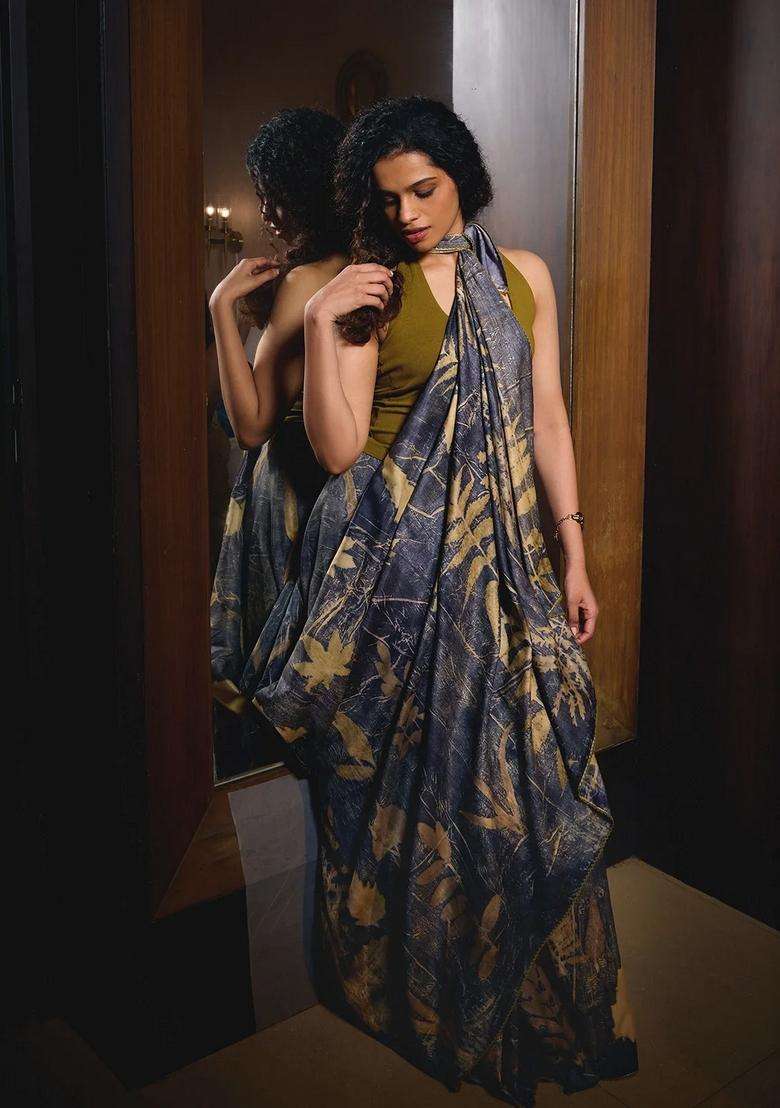 Grey Handloom Tussar Silk Saree With Eco Printed Motifs For Women - Indya