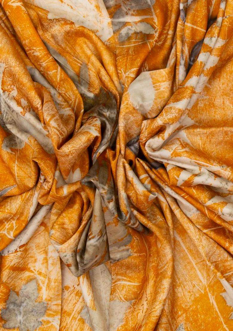 Orange Handloom Tussar Silk Saree With Eco Printed Motifs For Women - Indya