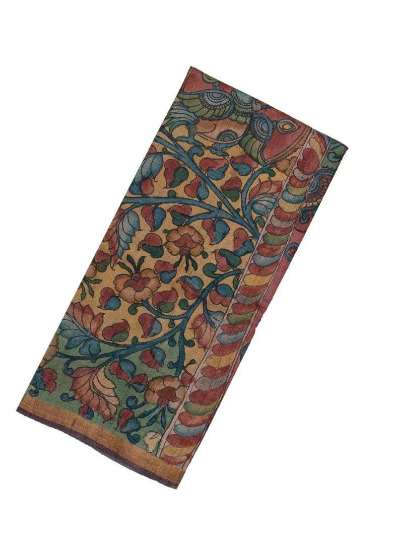 Beige Handloom Tussar Silk Saree With Hand Painted Kalamkari Motifs With Printed Design For Women - Indya