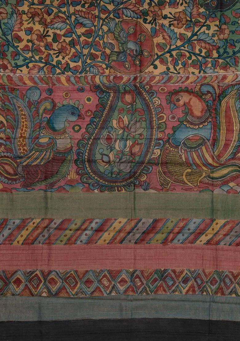 Beige Handloom Tussar Silk Saree With Hand Painted Kalamkari Motifs With Printed Design For Women - Indya