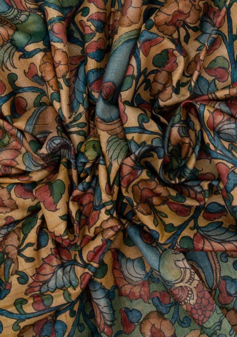 Beige Handloom Tussar Silk Saree With Hand Painted Kalamkari Motifs With Printed Design For Women - Indya