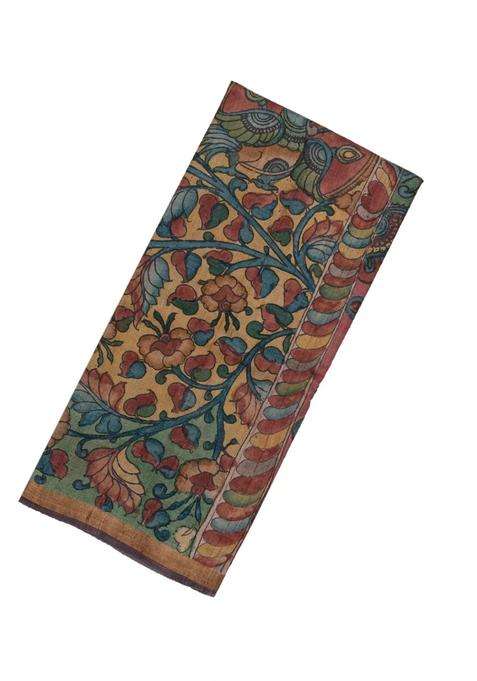 Beige Handloom Tussar Silk Saree With Hand Painted Kalamkari Motifs With Printed Design For Women