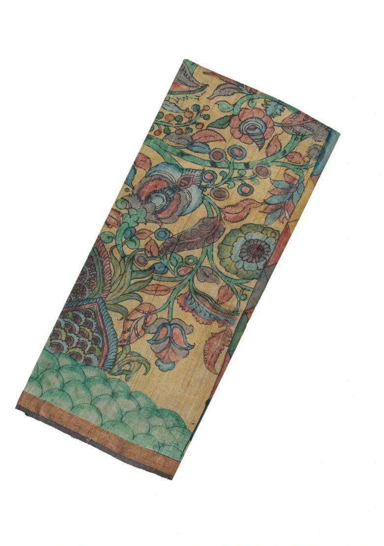 Beige Handloom Tussar Silk Saree With Hand Painted Kalamkari Motifs With Printed Design For Women - Indya