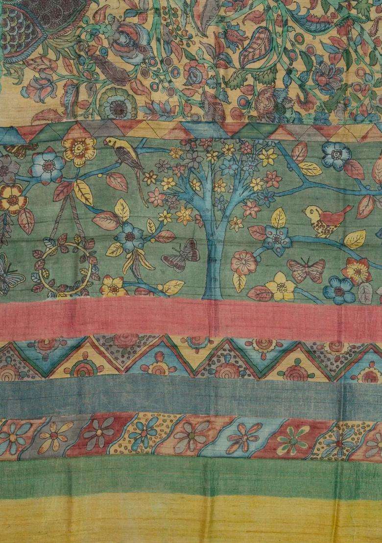 Beige Handloom Tussar Silk Saree With Hand Painted Kalamkari Motifs With Printed Design For Women - Indya