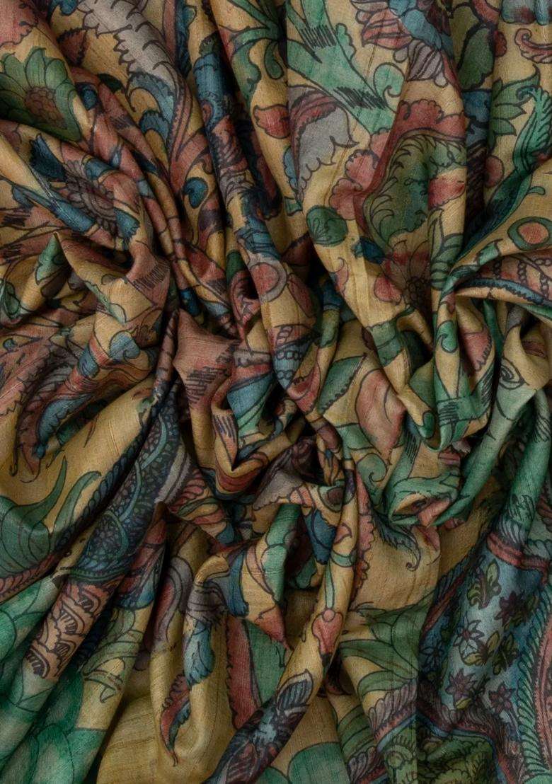 Beige Handloom Tussar Silk Saree With Hand Painted Kalamkari Motifs With Printed Design For Women - Indya