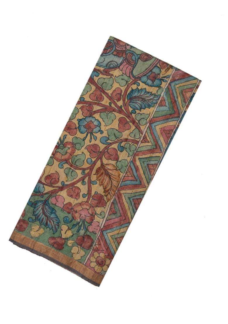 Beige Handloom Tussar Silk Saree With Hand Painted Kalamkari Motifs With Printed Design For Women - Indya