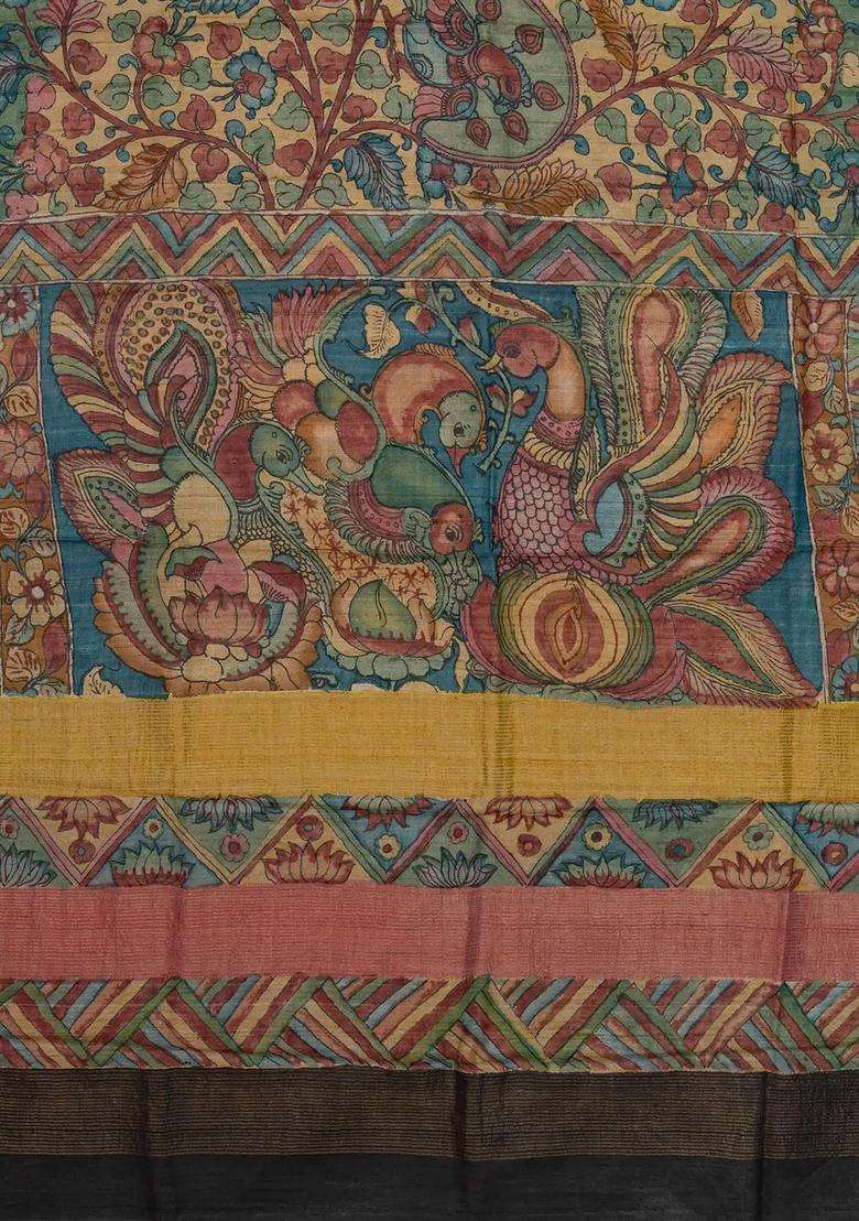 Beige Handloom Tussar Silk Saree With Hand Painted Kalamkari Motifs With Printed Design For Women - Indya