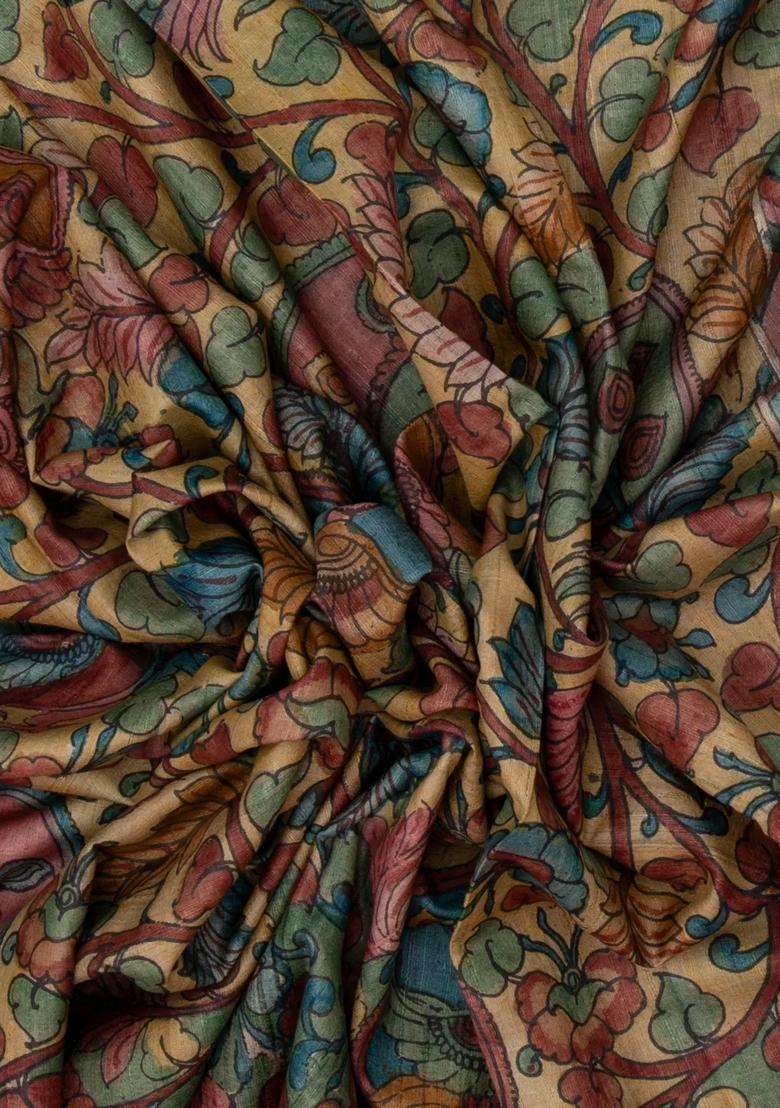 Beige Handloom Tussar Silk Saree With Hand Painted Kalamkari Motifs With Printed Design For Women - Indya