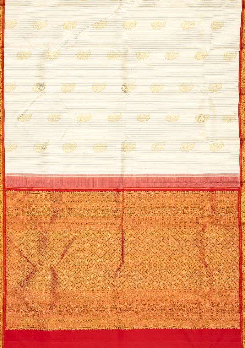 Off White Handloom Korvai Kanchipuram Silk Saree With Stripes Buttas With Korvai And Temple Border Design For Women - Indya