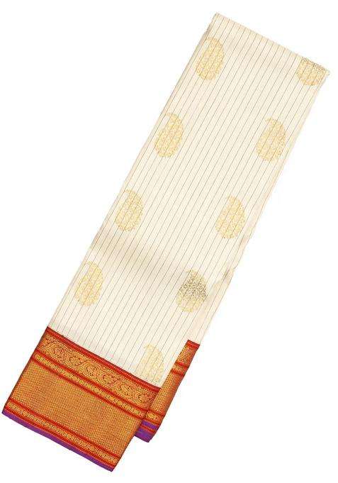 Off White Handloom Korvai Kanchipuram Silk Saree With Stripes Buttas With Korvai And Temple Border Design For Women