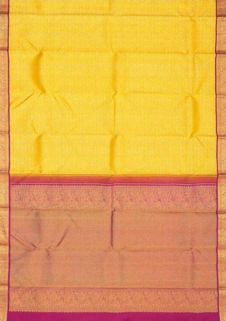 Yellow Handloom Korvai Kanchipuram Silk Saree With Floral Zari Motifs With Korvai And Temple Border Design For Women - Indya