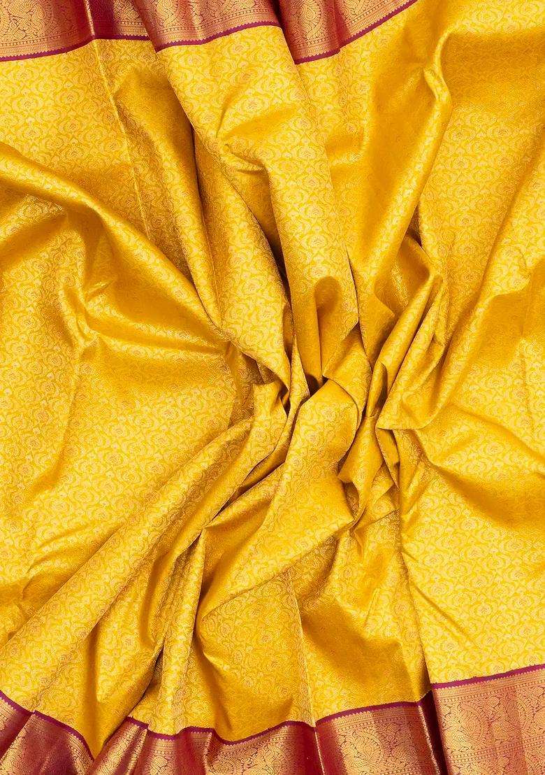 Yellow Handloom Korvai Kanchipuram Silk Saree With Floral Zari Motifs With Korvai And Temple Border Design For Women - Indya