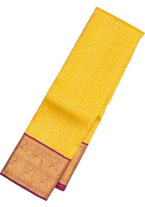 Yellow Handloom Korvai Kanchipuram Silk Saree With Floral Zari Motifs With Korvai And Temple Border Design For Women