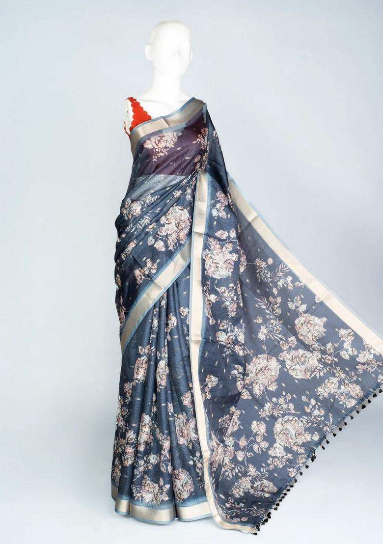 Dark Grey Woven Art Kota Silk Saree With Printed Floral Motifs For Women - Indya