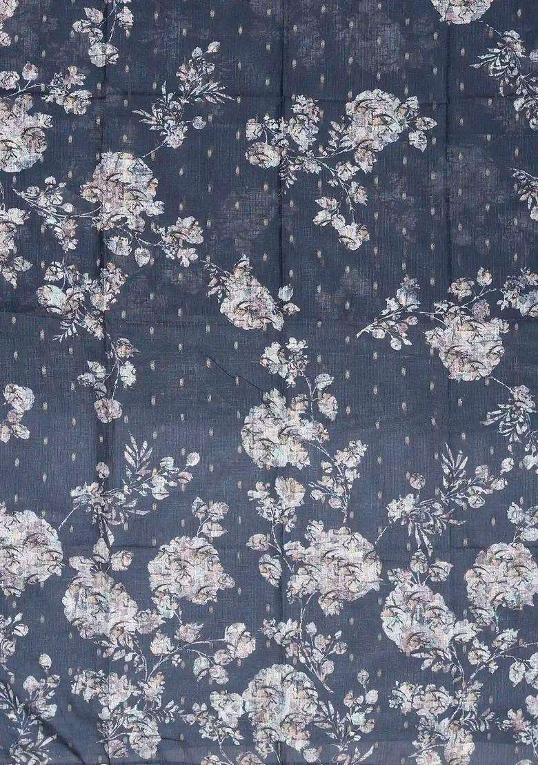 Dark Grey Woven Art Kota Silk Saree With Printed Floral Motifs For Women - Indya