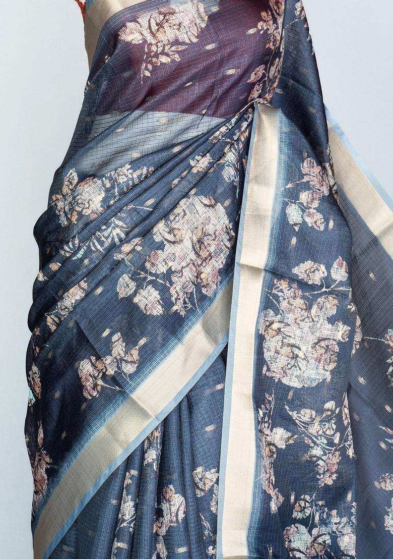 Dark Grey Woven Art Kota Silk Saree With Printed Floral Motifs For Women - Indya