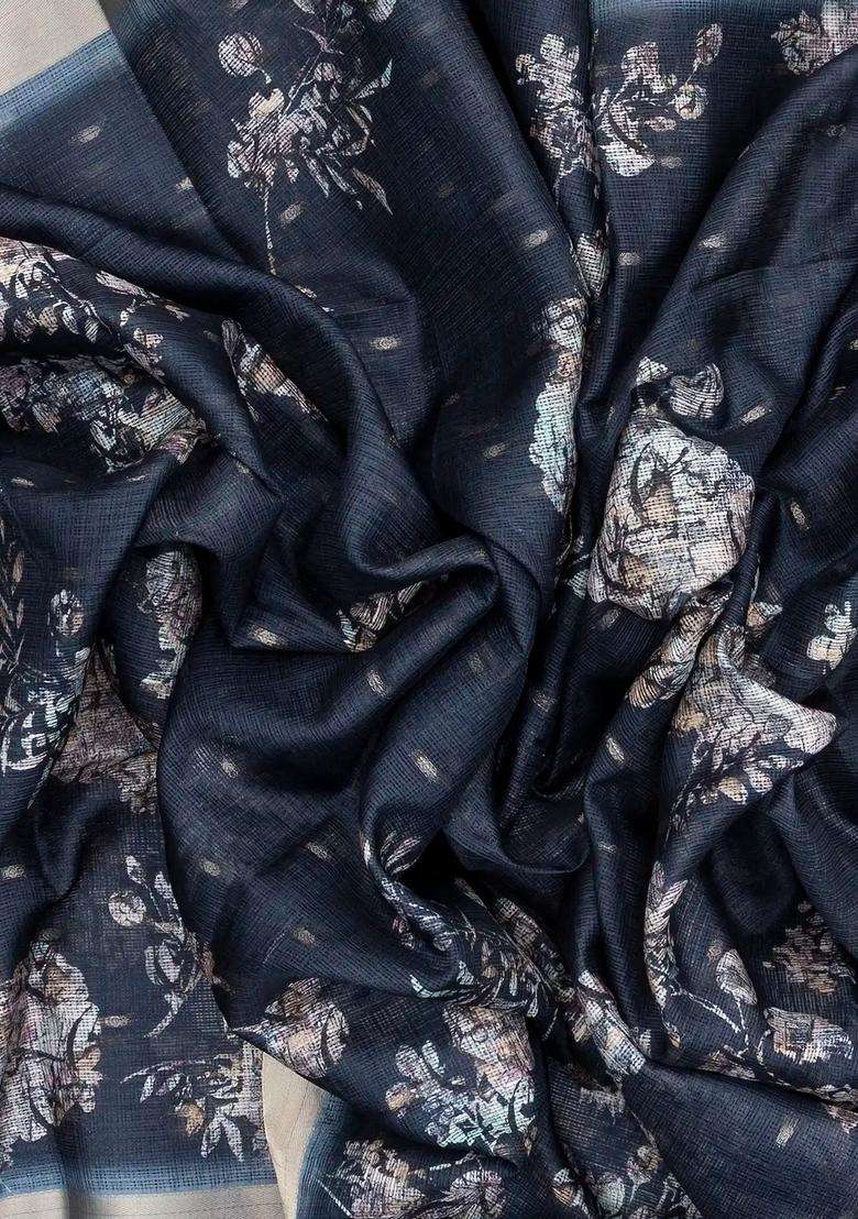 Dark Grey Woven Art Kota Silk Saree With Printed Floral Motifs For Women - Indya