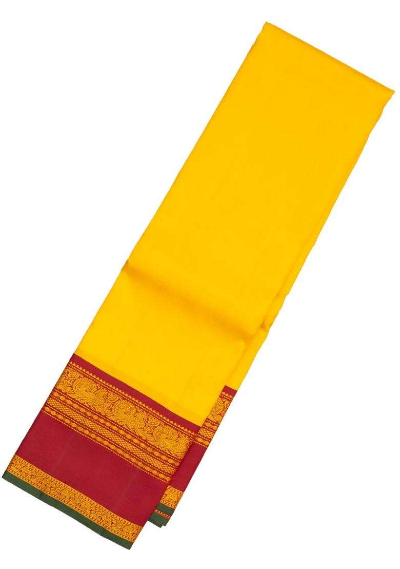 Yellow Handloom Korvai Kanchipuram Silk Saree With Contrast Crimson Border With Korvai And Temple Border Design For Women - Indya
