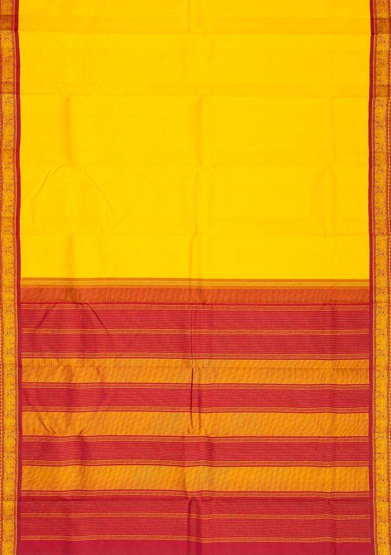 Yellow Handloom Korvai Kanchipuram Silk Saree With Contrast Crimson Border With Korvai And Temple Border Design For Women - Indya