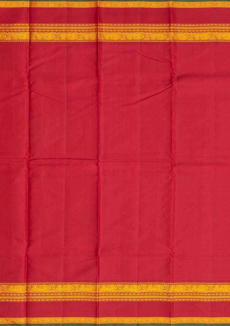 Yellow Handloom Korvai Kanchipuram Silk Saree With Contrast Crimson Border With Korvai And Temple Border Design For Women - Indya