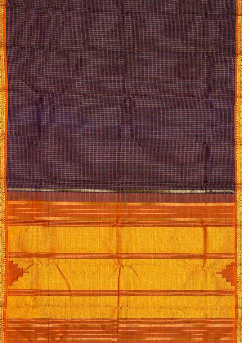 Black Handloom Kanchipuram Silk Saree With Checks Contrast Border With Checks And Stripes Design For Women - Indya