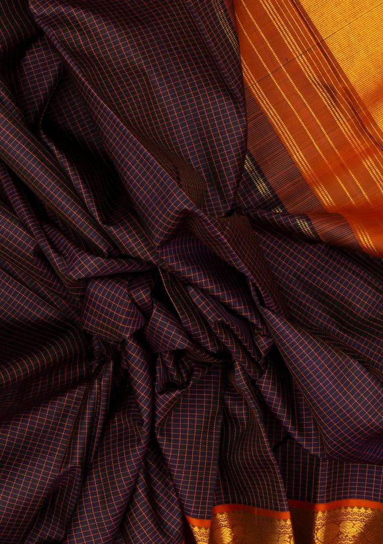 Black Handloom Kanchipuram Silk Saree With Checks Contrast Border With Checks And Stripes Design For Women - Indya