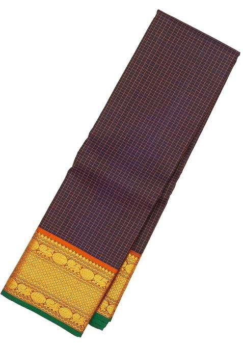Black Handloom Kanchipuram Silk Saree With Checks Contrast Border With Checks And Stripes Design For Women