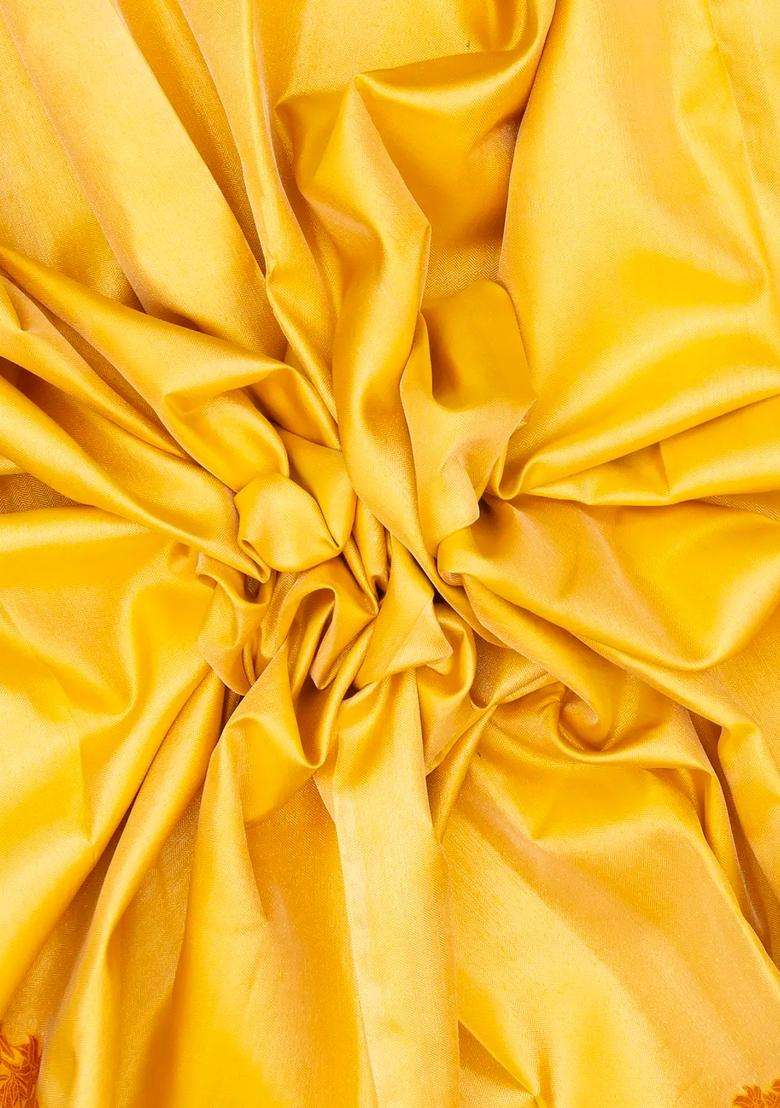 Yellow Handloom Kanchipuram Silk Saree With Meena Floral Border With Traditional Woven Design For Women - Indya