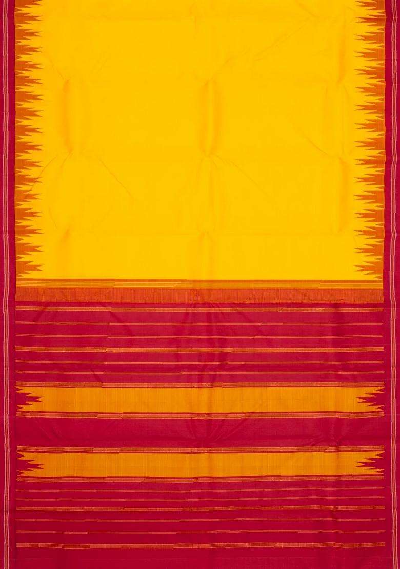 Yellow Handloom Korvai Kanchipuram Silk Saree With Crimson Temple Border With Korvai And Temple Border Design For Women - Indya