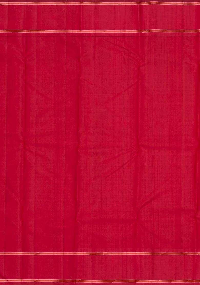 Yellow Handloom Korvai Kanchipuram Silk Saree With Crimson Temple Border With Korvai And Temple Border Design For Women - Indya