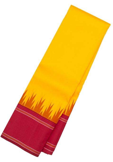 Yellow Handloom Korvai Kanchipuram Silk Saree With Crimson Temple Border With Korvai And Temple Border Design For Women